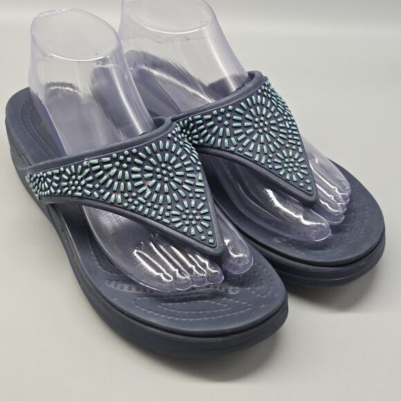 CROCS Monterey Diamante Wedge Flip Flop Sandals Women’s Size 9 Blue Casual - Picture 4 of 11